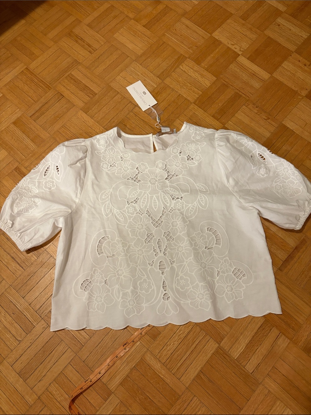 Caroline Constans White Embroidered Eyelet Puff Sleeve Top